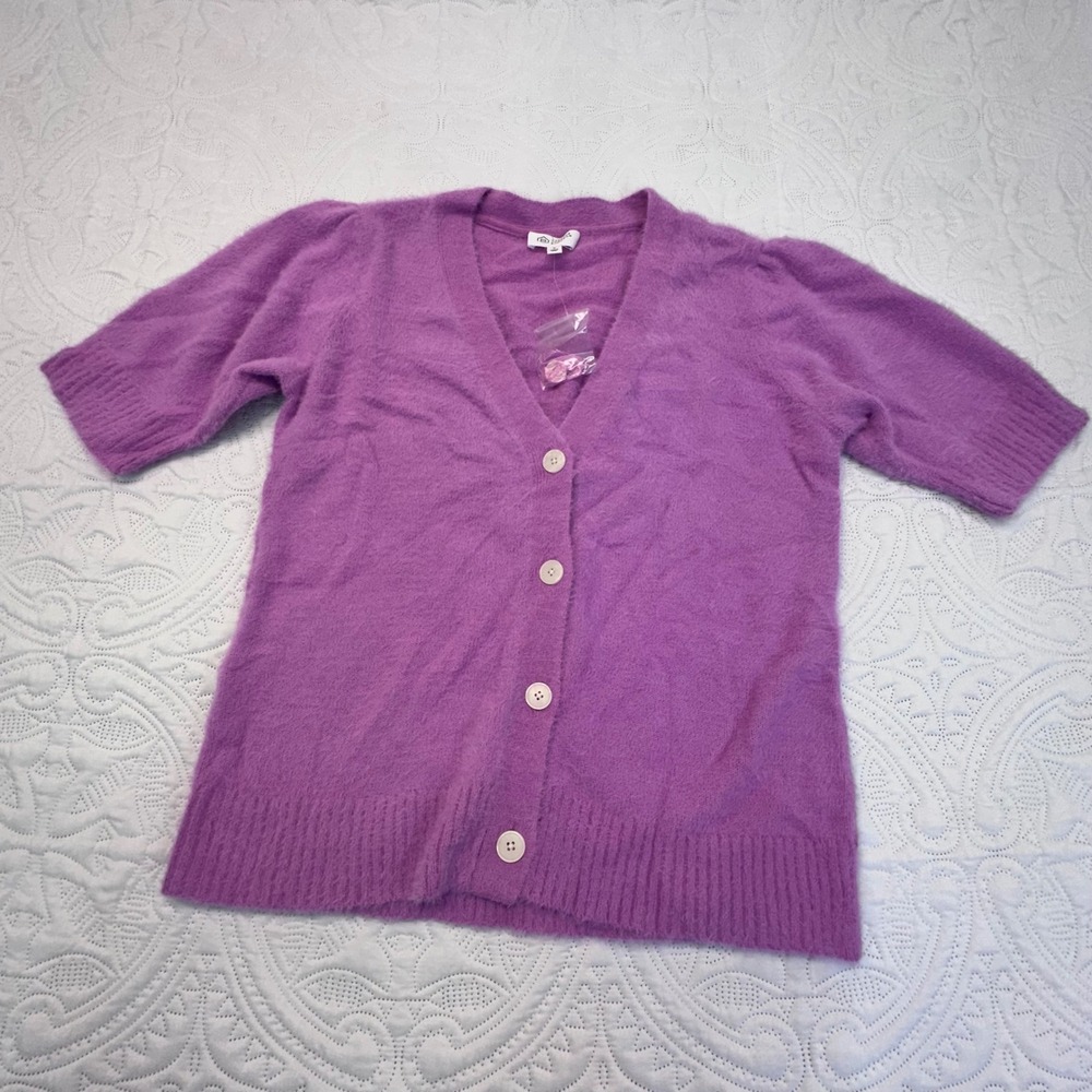 Candace Cameron Bure Purple Eyelash Knit Short Sleeve Cardigan Sweater Small